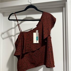 Elegant Brown Ruffle One-Shoulder Blouse